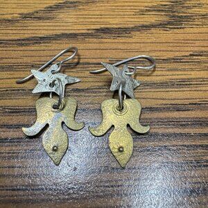 Roggio Designer Brass and Sterling Silver  Fleur-de-lis and Star Drop Earrings